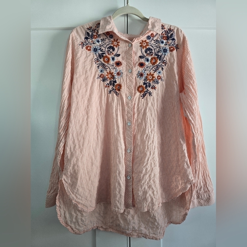 Sonoma Embroidered Pink Button-Up Blouse